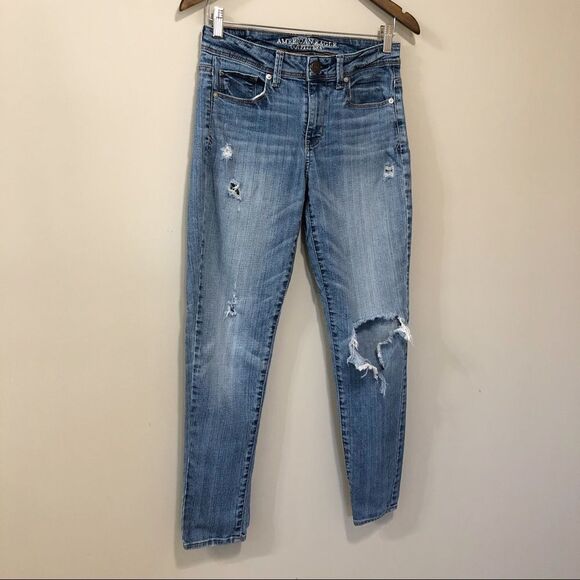 American Eagle Distressed Super Skinny Leg Fit Denim Jeans Pants Blue - Picture 1 of 12